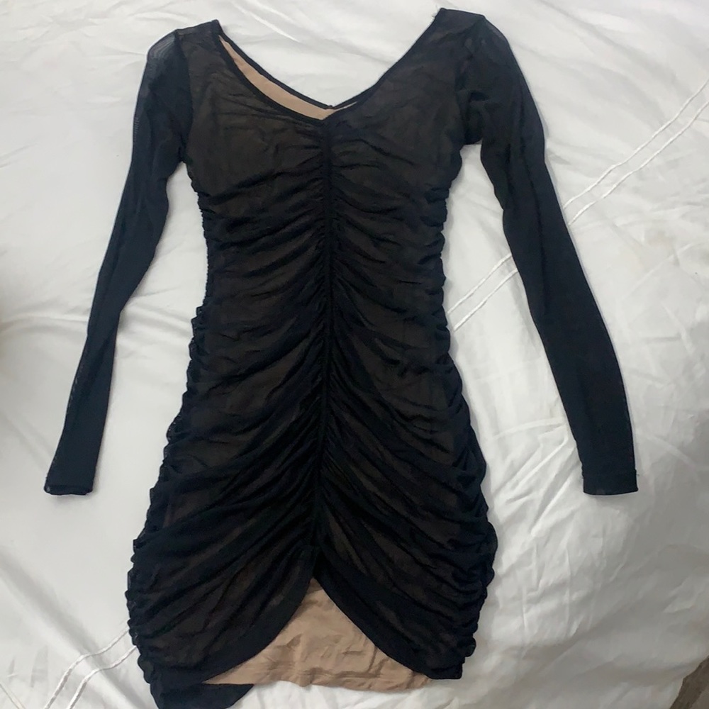 Ruched mesh black dress